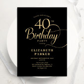 Elegant Simple Black Gold Script 40th Birthday Kaart