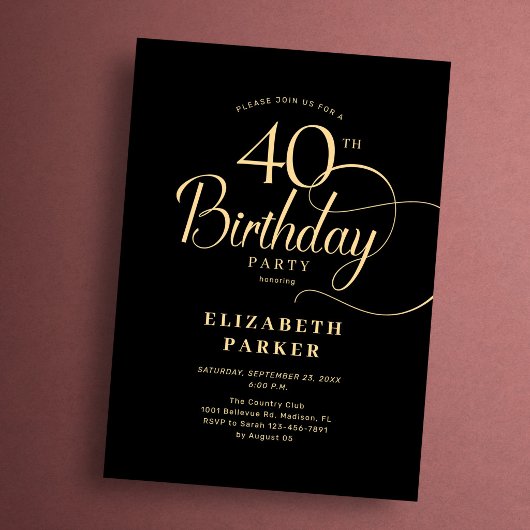 Elegant Simple Black Gold Script 40th Birthday Kaart