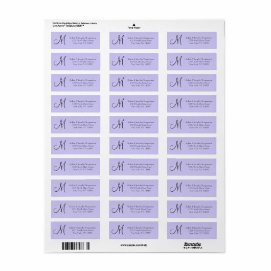 Elegant Simple Black Lila Paars Monogram Adres Etiket (Full Sheet)