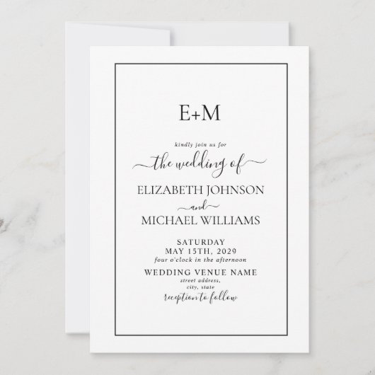 Elegant Simple Black White Formal Monogram Weddens Kaart (Voorkant)