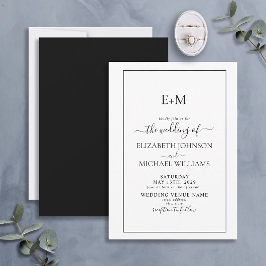 Elegant Simple Black White Formal Monogram Weddens Kaart