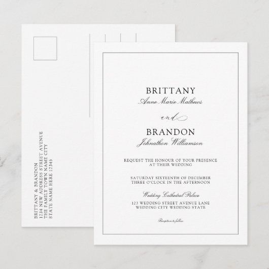 Elegant Simple Black White Modern Wedding Invite Uitnodiging Briefkaart (Voorkant / Achterkant)