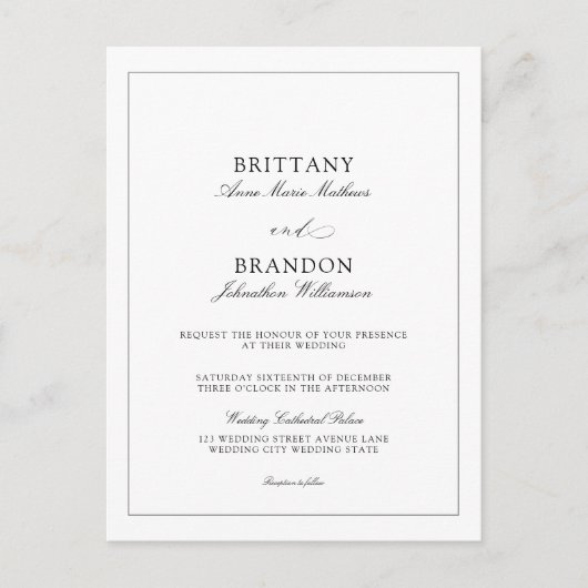 Elegant Simple Black White Modern Wedding Invite Uitnodiging Briefkaart (Voorkant)