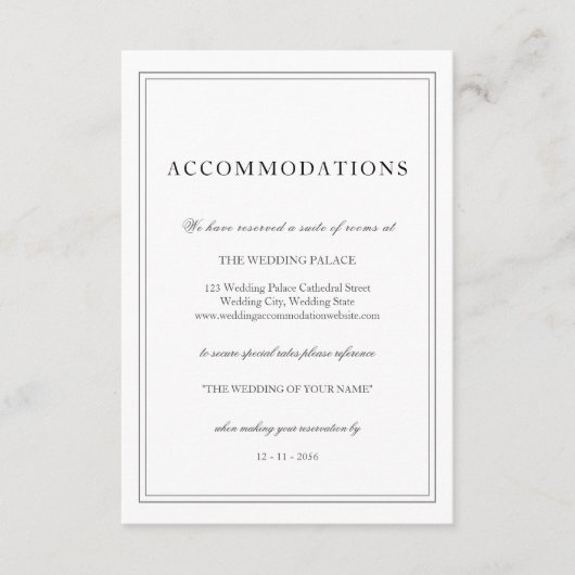 Elegant Simple Black White Wedding Accommodations Informatiekaartje (Voorkant)