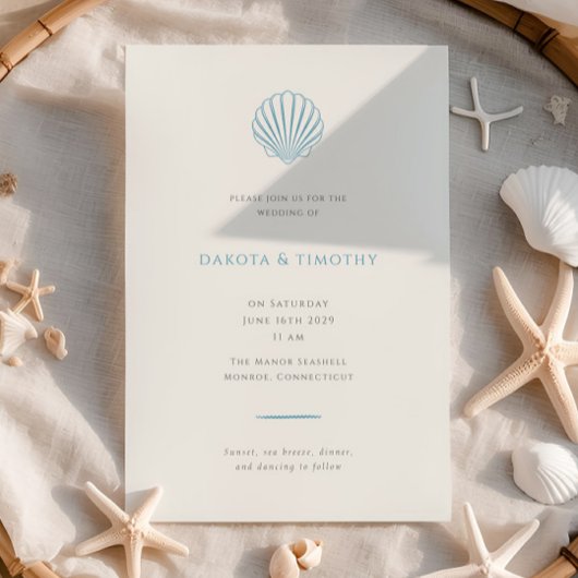 Elegant Simple Blue Seashell Wedding invitation Kaart
