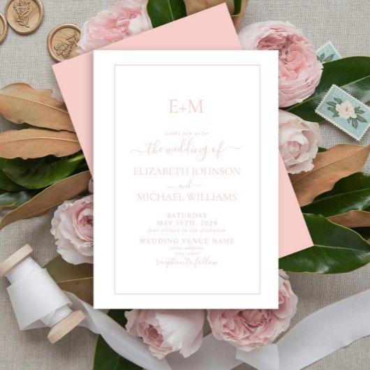 Elegant Simple Blush Pink Formal Monogram Weddensc Kaart