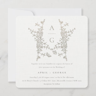 Elegant Simple Botanical Crest Monogram Weddenscha Kaart