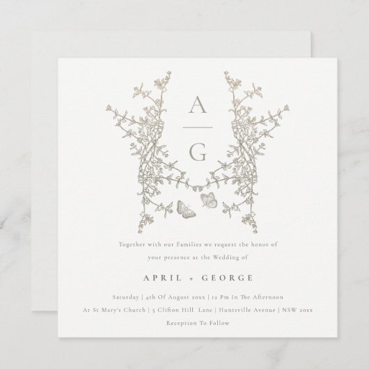 Elegant Simple Botanical Crest Monogram Weddenscha Kaart (Voorkant / Achterkant)
