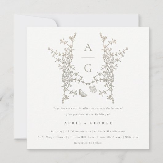 Elegant Simple Botanical Crest Monogram Weddenscha Kaart (Voorkant)