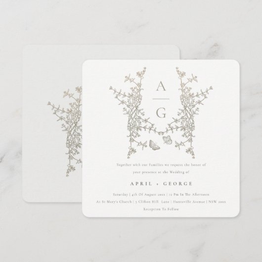 Elegant Simple Botanical Crest Monogram Weddenscha Kaart (Voorkant / Achterkant)