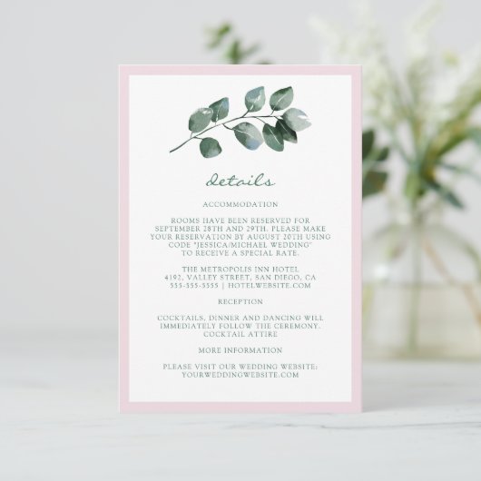 Elegant Simple Botanical Leaves Weddenschap Detail Informatiekaartje (Staand voorkant)