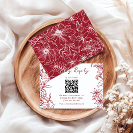 Elegant Simple Burgundy Floral QR Code Wedding RSVP Kaartje