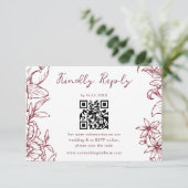 Elegant Simple Burgundy Floral QR Code Wedding RSVP Kaartje (Staand voorkant)