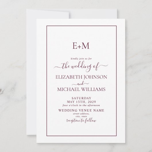 Elegant Simple Burgundy Formal Monogram Weddenscha Kaart (Voorkant)