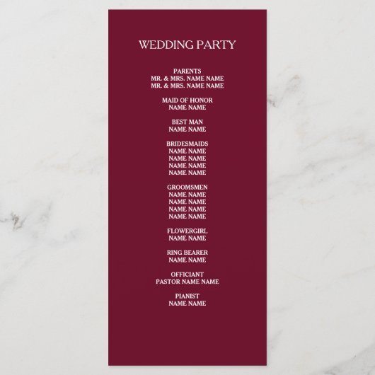 Elegant Simple Burgundy Red Custom Wedding Program Programmakaart (Achterkant)