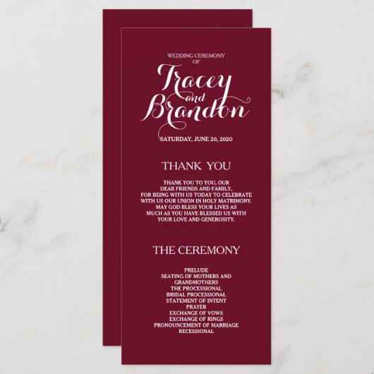 Elegant Simple Burgundy Red Custom Wedding Program Programmakaart (Voorkant / Achterkant)