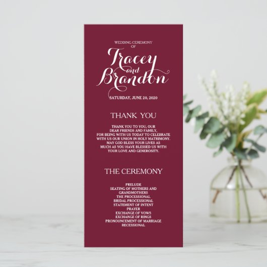 Elegant Simple Burgundy Red Custom Wedding Program Programmakaart (Staand voorkant)