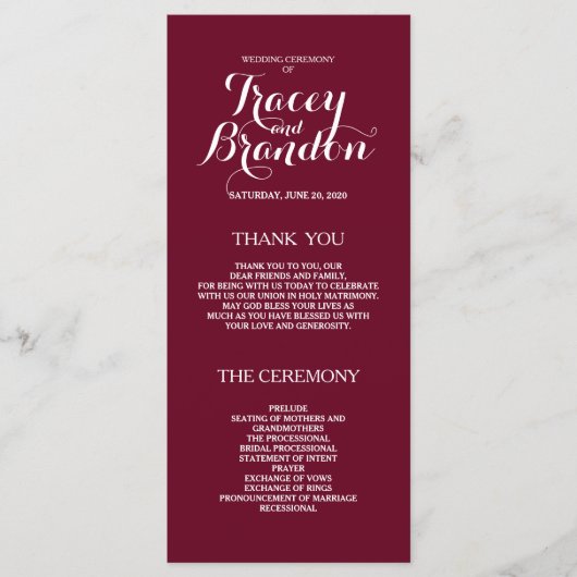Elegant Simple Burgundy Red Custom Wedding Program Programmakaart (Voorkant)