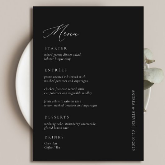 Elegant Simple Calligraphy Black Wedding Menu