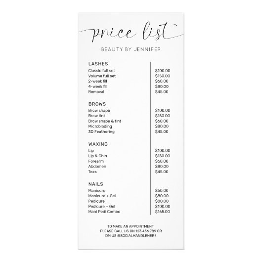 Elegant Simple Calligraphy Logo Beauty Price List Reclamekaart (Voorkant)