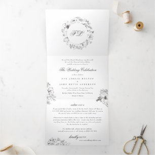 Elegant Simple Calligraphy Monogram Floral Wedding Drieluik Uitnodiging