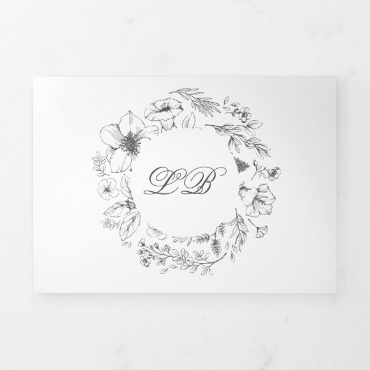 Elegant Simple Calligraphy Monogram Floral Wedding Drieluik Uitnodiging (Cover)