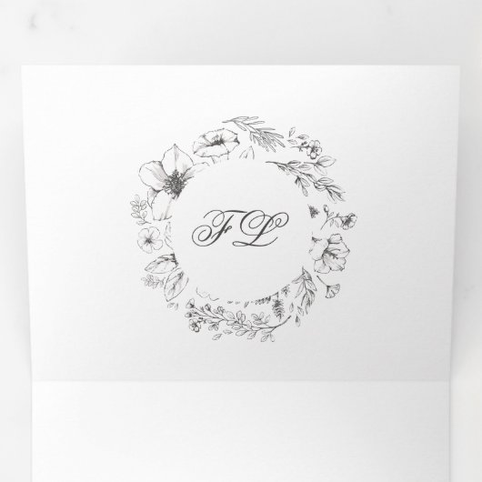 Elegant Simple Calligraphy Monogram Floral Wedding Drieluik Uitnodiging (Binnenzijde eerst)