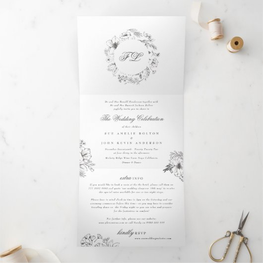 Elegant Simple Calligraphy Monogram Floral Wedding Drieluik Uitnodiging (Binnen)