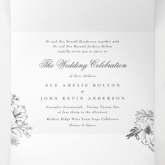 Elegant Simple Calligraphy Monogram Floral Wedding Drieluik Uitnodiging (Binnenkant midden)