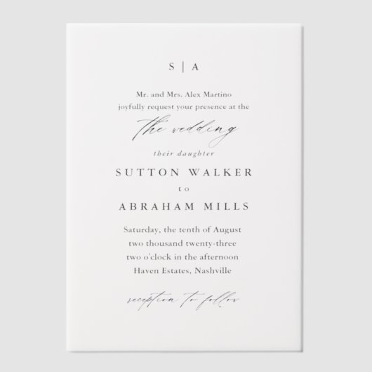 Elegant Simple Calligraphy Wedding Vellum Uitnodigingen (Voorkant)