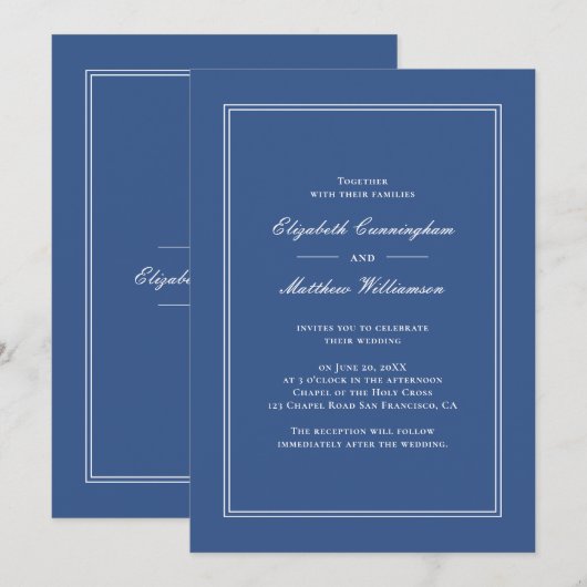 Elegant Simple Classic Blue Wedding Kaart (Voorkant / Achterkant)