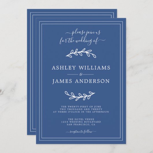 Elegant Simple Classic Blue Wedding-uitnodiging Kaart (Voorkant / Achterkant)