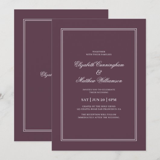 Elegant Simple Classic Cassis Wedding Kaart (Voorkant / Achterkant)