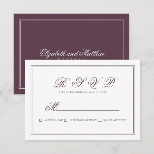Elegant Simple Classic Cassis Wedding RSVP Kaartje (Voorkant / Achterkant)