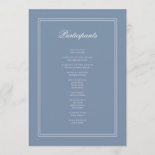 Elegant Simple Classic Faded Blue & White Weddensc Programmakaart (Achterkant)