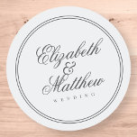 Elegant Simple Classic White Wedding Ronde Sticker<br><div class="desc">Bestaat uit eenvoudige rechte lijnbeklede lijsten met klassiek krullend manuscript en serif typografie. Deze elementen zijn eenvoudig,  tijdloos en klassiek. Dit is ontworpen door White Paper Birch Co. exclusief voor Zazzle. Hier te vinden op: http://www.zazzle.com/store/whitepaperbirch</div>