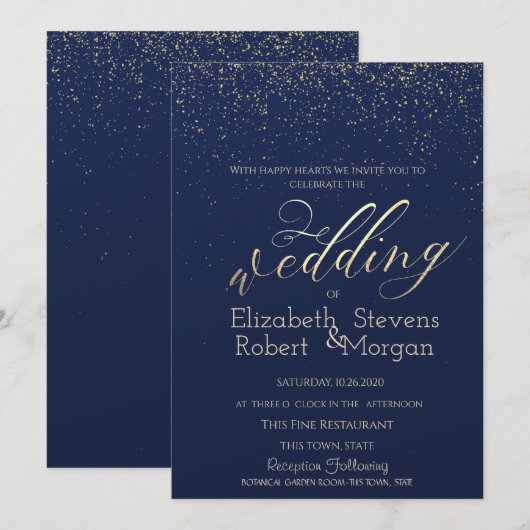 Elegant Simple Confetti Navy Blue Wedding Kaart (Voorkant / Achterkant)