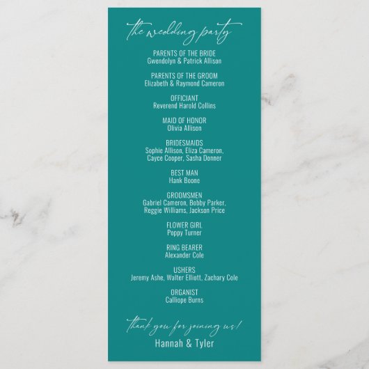 Elegant Simple Contemmodern Typografie Blauwgroen Programmakaart (Achterkant)