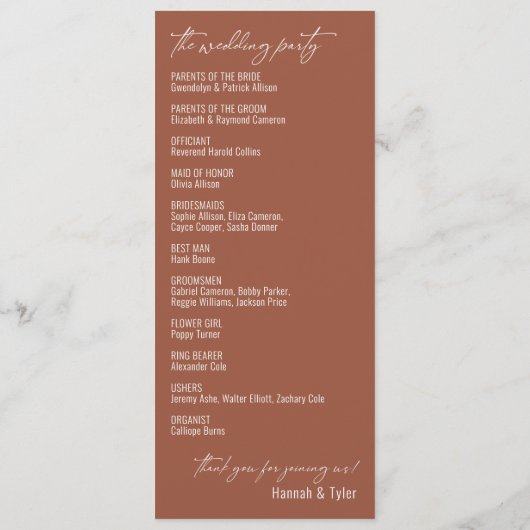 Elegant Simple Contemmodern Typography Terracotta Programmakaart (Achterkant)