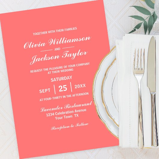 Elegant Simple Coral White Wedding Kaart