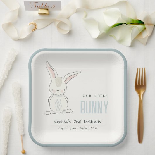 Elegant Simple Cute Blue Bunny boys Birthday Papieren Bordje (Huwelijk)