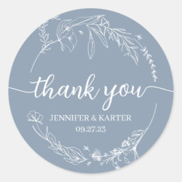 Elegant Simple Dusty Blue Floral Hartelijk dank Ronde Sticker