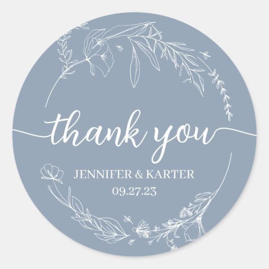 Elegant Simple Dusty Blue Floral Hartelijk dank Ronde Sticker (Voorkant)