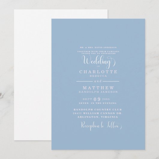 Elegant Simple Dusty Blue Wedding Kaart (Voorkant / Achterkant)
