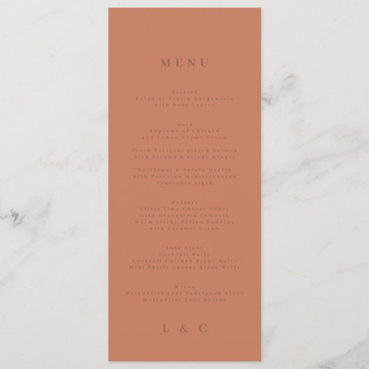 Elegant Simple Dusty Oranje + Terracotta Monogram Menu (Voorkant)