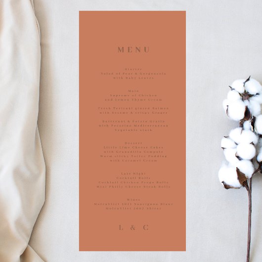 Elegant Simple Dusty Oranje + Terracotta Monogram Menu