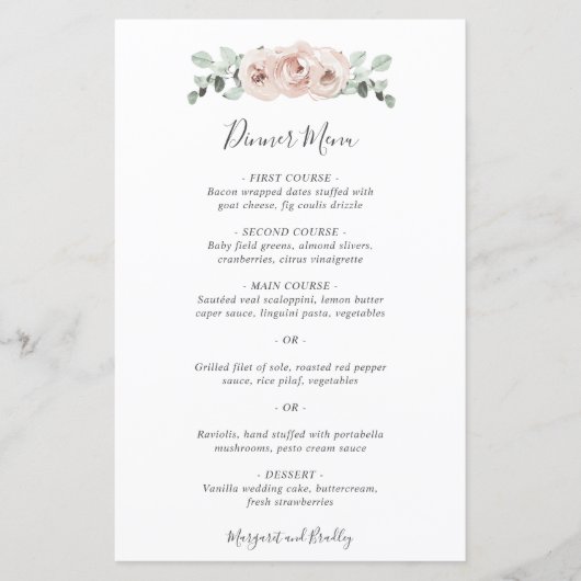 Elegant Simple Dusty Roos Floral Wedding Menu (Voorkant)