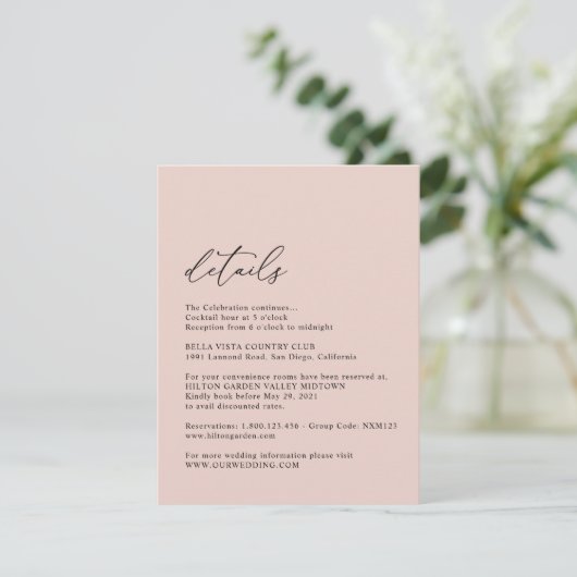 Elegant Simple Dusty Roos Wedding Details Informatiekaartje (Staand voorkant)