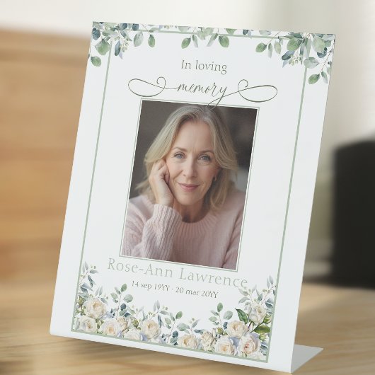 Elegant Simple Eucalyptus Photo In loving memory Reclamebord Met Voetstuk