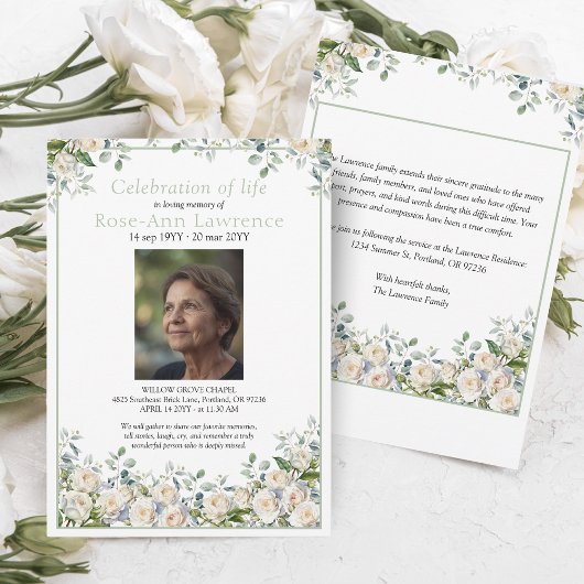 Elegant Simple Eucalyptus White Rose Photo Funeral Kaart